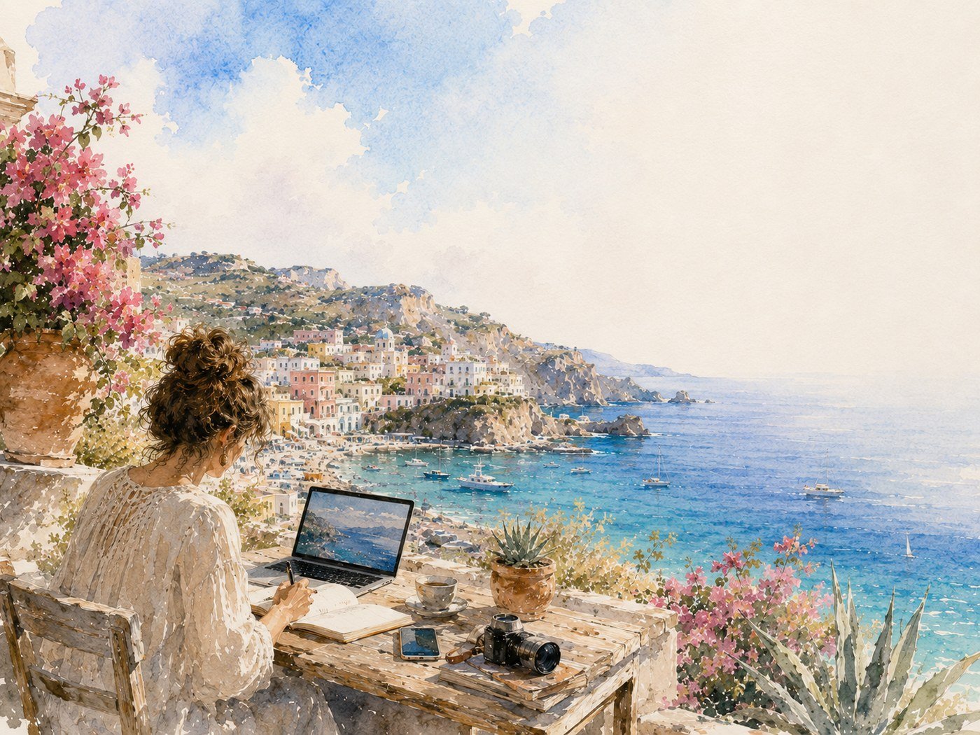 Writing at a terrace overlooking Ponza
